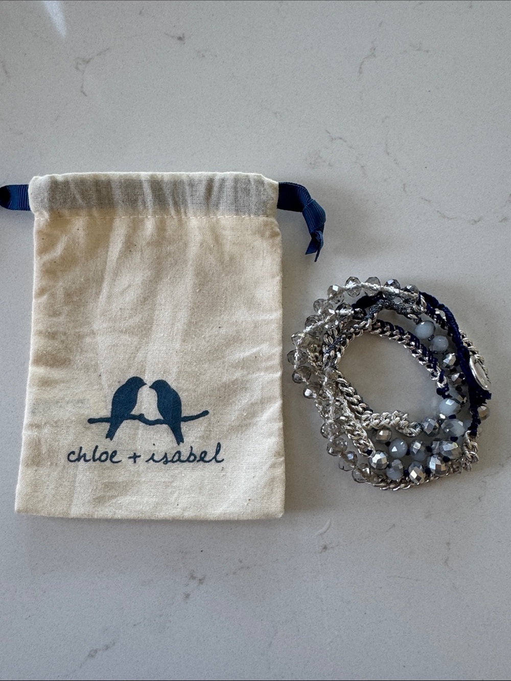 Chloe + Isabel Silver Beaded Multi-Strand Bracelet with Navy Accents NWT